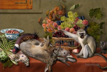 動物 Painting - フルーツ ゲーム野菜と生きた猿リスと猫のある静物